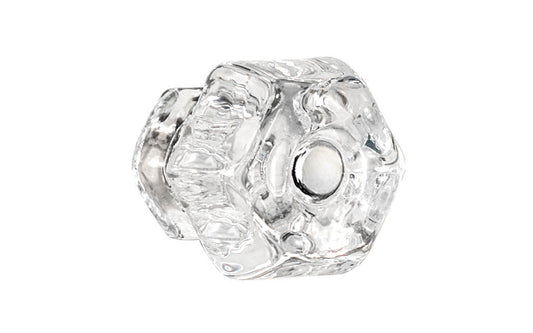 Vintage-style Hardware · Classic & original-style hexagonal glass cabinet knob with a silver pan head thru-bolt. Made of genuine glass. Crystal clear glass. Includes a silver pan thru-bolt. Reproduction hexagonal classic glass knob. Traditional hex glass knob. 1-1/2" Diameter