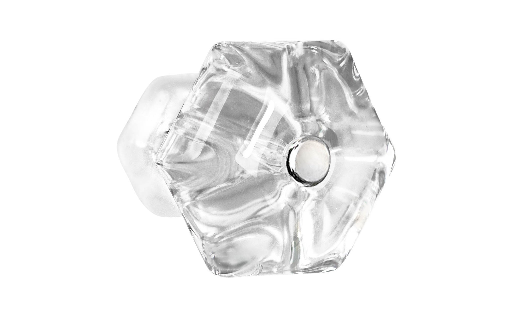 Vintage-style Hardware · Classic & original-style hexagonal glass cabinet knob with a silver pan head thru-bolt. Made of genuine glass. Crystal clear glass. Includes a silver pan thru-bolt. Reproduction hexagonal classic glass knob. Traditional hex glass knob. 1-3/4" Diameter