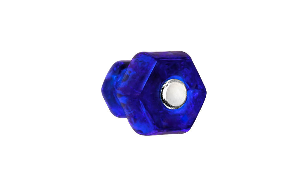 Vintage-style Hardware · Classic & original-style hexagonal glass cabinet knob with a silver pan head thru-bolt. Made of genuine glass. Cobalt Blue color glass. Includes a silver pan thru-bolt. Reproduction hexagonal classic glass knob. Traditional hex glass knob. 1" Diameter
