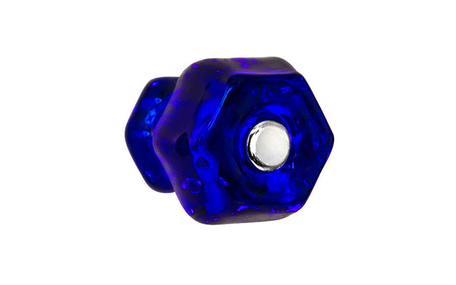 Vintage-style Hardware · Classic & original-style hexagonal glass cabinet knob with a silver pan head thru-bolt. Made of genuine glass. Cobalt Blue color glass. Includes a silver pan thru-bolt. Reproduction hexagonal classic glass knob. Traditional hex glass knob. 1-1/4" Diameter