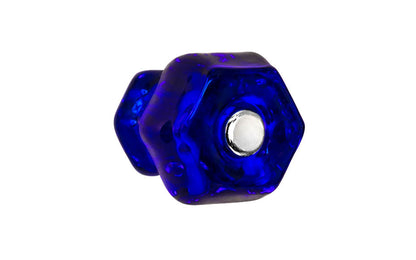 Vintage-style Hardware · Classic & original-style hexagonal glass cabinet knob with a silver pan head thru-bolt. Made of genuine glass. Cobalt Blue color glass. Includes a silver pan thru-bolt. Reproduction hexagonal classic glass knob. Traditional hex glass knob. 1-1/4" Diameter