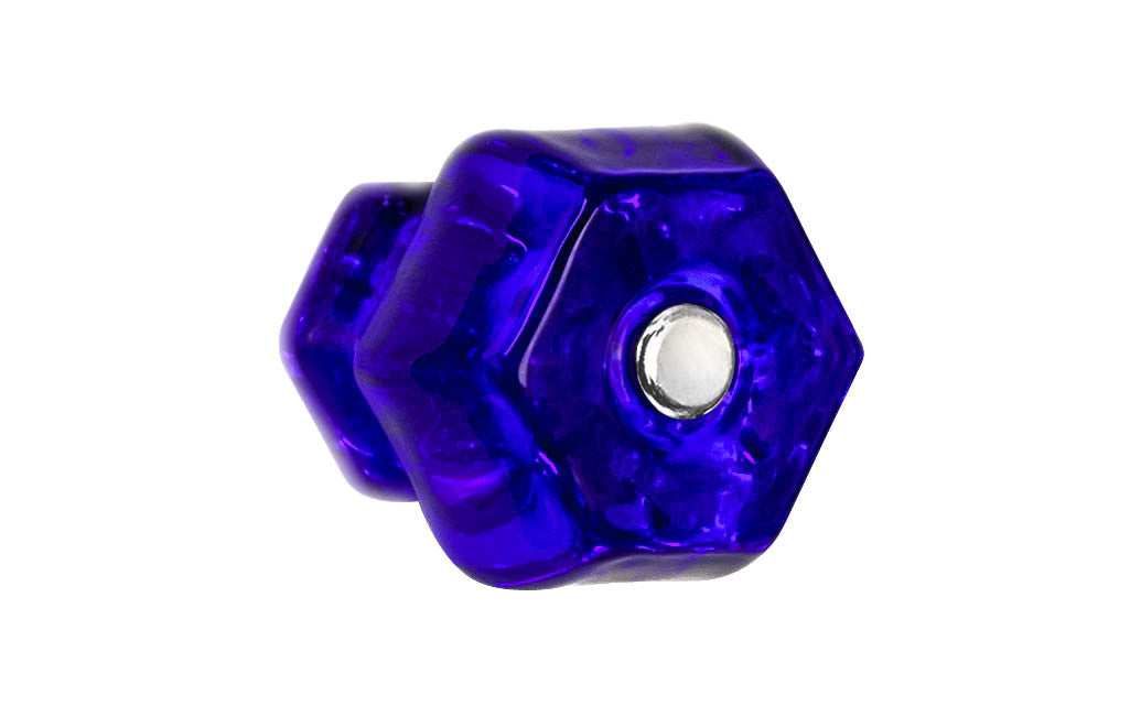 Vintage-style Hardware · Classic & original-style hexagonal glass cabinet knob with a silver pan head thru-bolt. Made of genuine glass. Cobalt Blue color glass. Includes a silver pan thru-bolt. Reproduction hexagonal classic glass knob. Traditional hex glass knob. 1-1/2" Diameter
