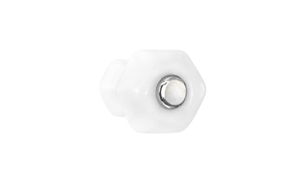 Vintage-style Hardware · Classic & original-style hexagonal glass cabinet knob with a silver pan head thru-bolt. Made of genuine glass. White color glass. Includes a silver pan thru-bolt. Reproduction hexagonal classic glass knob. Traditional hex glass knob. 1" Diameter