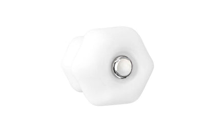 Vintage-style Hardware · Classic & original-style hexagonal glass cabinet knob with a silver pan head thru-bolt. Made of genuine glass. White color glass. Includes a silver pan thru-bolt. Reproduction hexagonal classic glass knob. Traditional hex glass knob. 1-1/4" Diameter