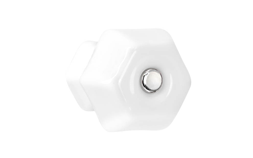 Vintage-style Hardware · Classic & original-style hexagonal glass cabinet knob with a silver pan head thru-bolt. Made of genuine glass. White color glass. Includes a silver pan thru-bolt. Reproduction hexagonal classic glass knob. Traditional hex glass knob. 1-1/2" Diameter