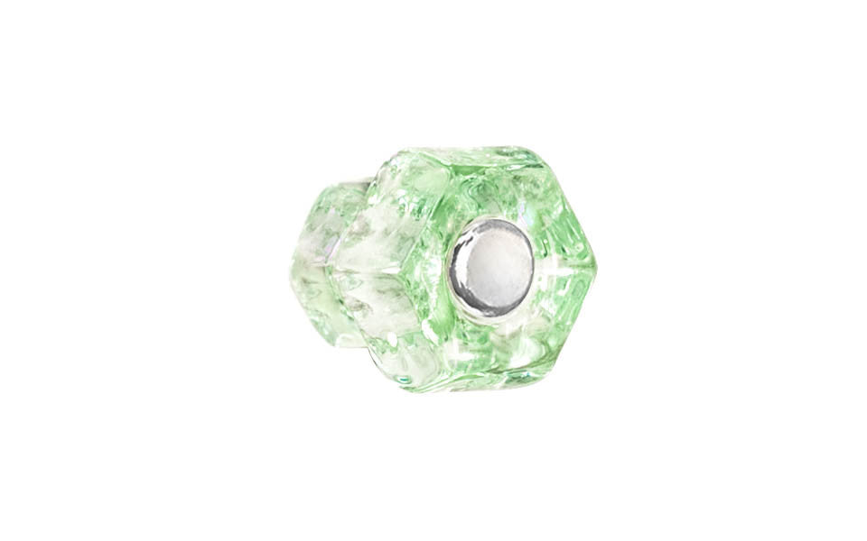 Vintage-style Hardware · Classic & original-style hexagonal glass cabinet knob with a silver pan head thru-bolt. Made of genuine glass. Depression Green color glass. Includes a silver pan thru-bolt. Reproduction hexagonal classic glass knob. Traditional hex glass knob. 1" Diameter