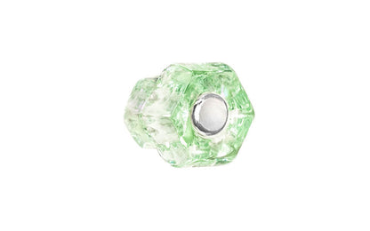Vintage-style Hardware · Classic & original-style hexagonal glass cabinet knob with a silver pan head thru-bolt. Made of genuine glass. Depression Green color glass. Includes a silver pan thru-bolt. Reproduction hexagonal classic glass knob. Traditional hex glass knob. 1" Diameter