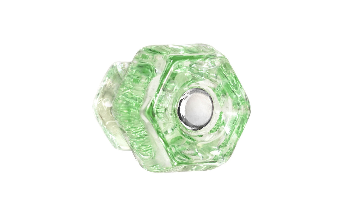 Vintage-style Hardware · Classic & original-style hexagonal glass cabinet knob with a silver pan head thru-bolt. Made of genuine glass. Depression Green color glass. Includes a silver pan thru-bolt. Reproduction hexagonal classic glass knob. Traditional hex glass knob. 1-1/4" Diameter