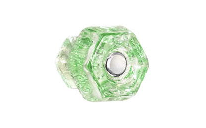 Vintage-style Hardware · Classic & original-style hexagonal glass cabinet knob with a silver pan head thru-bolt. Made of genuine glass. Depression Green color glass. Includes a silver pan thru-bolt. Reproduction hexagonal classic glass knob. Traditional hex glass knob. 1-1/4" Diameter