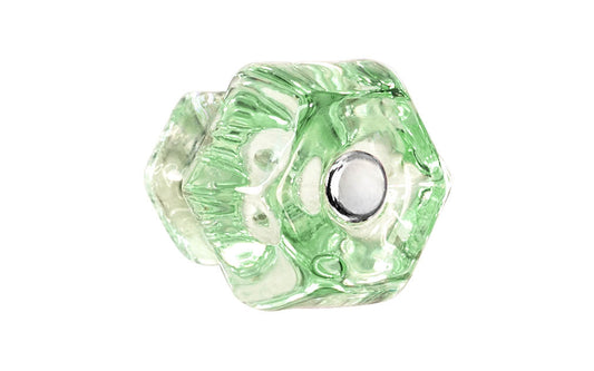 Vintage-style Hardware · Classic & original-style hexagonal glass cabinet knob with a silver pan head thru-bolt. Made of genuine glass. Depression Green color glass. Includes a silver pan thru-bolt. Reproduction hexagonal classic glass knob. Traditional hex glass knob. 1-1/2" Diameter