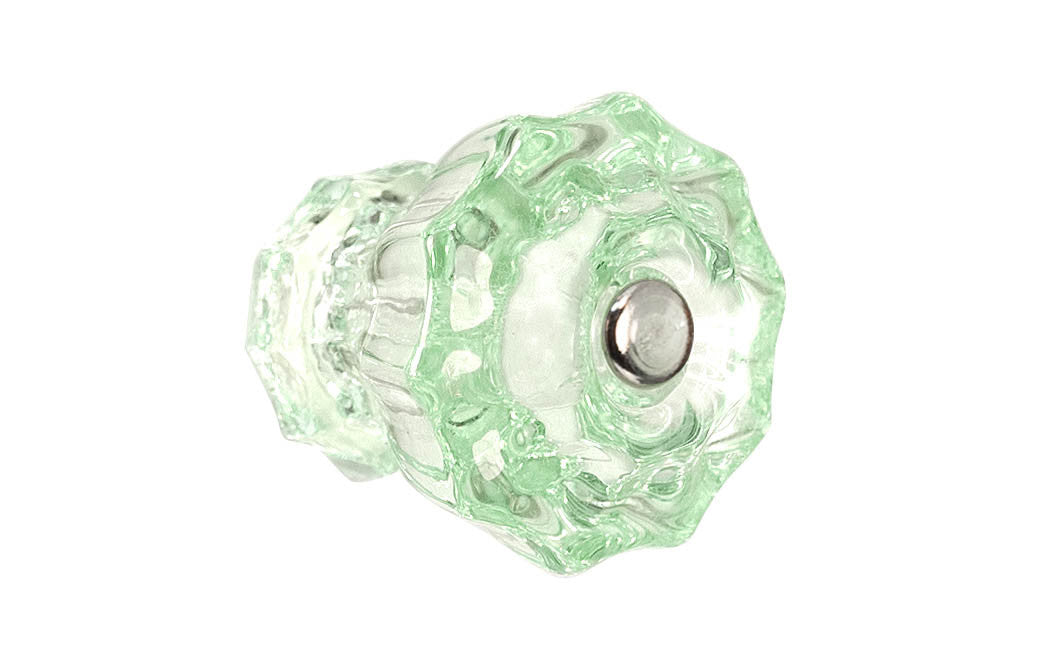 Vintage-style Hardware · Classic & original-style fluted glass cabinet knob with a silver pan head thru-bolt. Made of genuine glass. Depression Green color glass. Includes a silver pan thru-bolt. Reproduction fluted classic glass knob. Traditional fluted glass knob. 1-1/2" Diameter