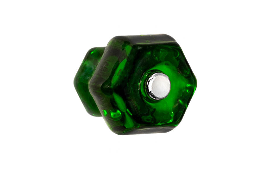 Vintage-style Hardware · Classic & original-style hexagonal glass cabinet knob with a silver pan head thru-bolt. Made of genuine glass. "Forest Green" color glass. Includes a silver pan thru-bolt. Reproduction hexagonal classic glass knob. Traditional hex glass knob. 1-1/4" Diameter