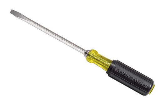 Klein Tools - Made in USA - Model No. 600-8 - 3/8" Slot - Heavy-duty square shank for wrench-assisted turning - Slotted - Screwdriver - Precision-machined tip for exact fit - Cushion-Grip handle for greater torque & comfort - Heat-treated, chrome plated shaft - 3/8"  tip size - Square Shaft - Keystone Screwdriver - 092644850066
