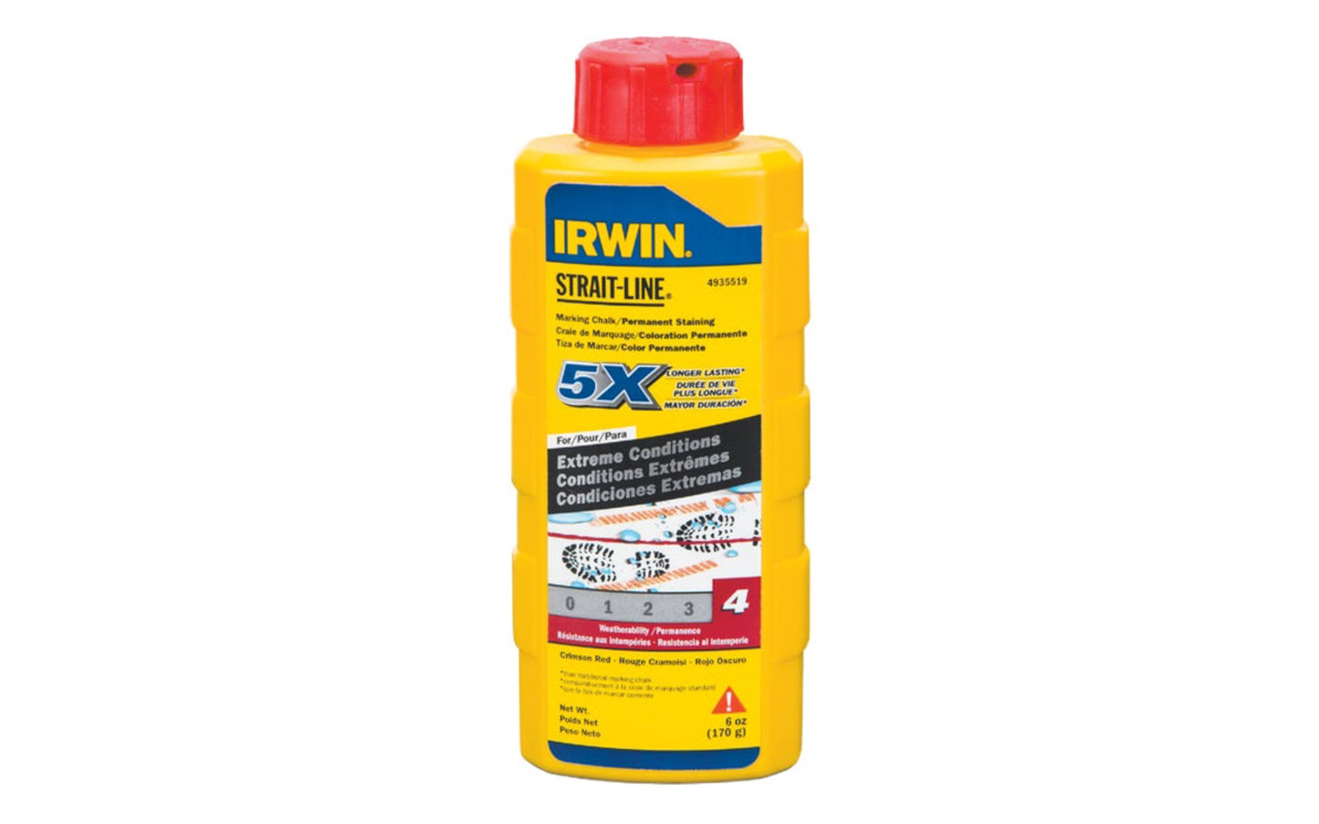  Strait-Line 6 oz Red Marking Chalk, Extreme Conditions for reel type chalk line boxes. Packaged in plastic squeeze bottles with fast fill spout. Permanent - Visible after weeks of weather exposure & jobsite wear. Designed for exterior use in extreme conditions. Red color chalk. 6 oz container. Model 4935519.