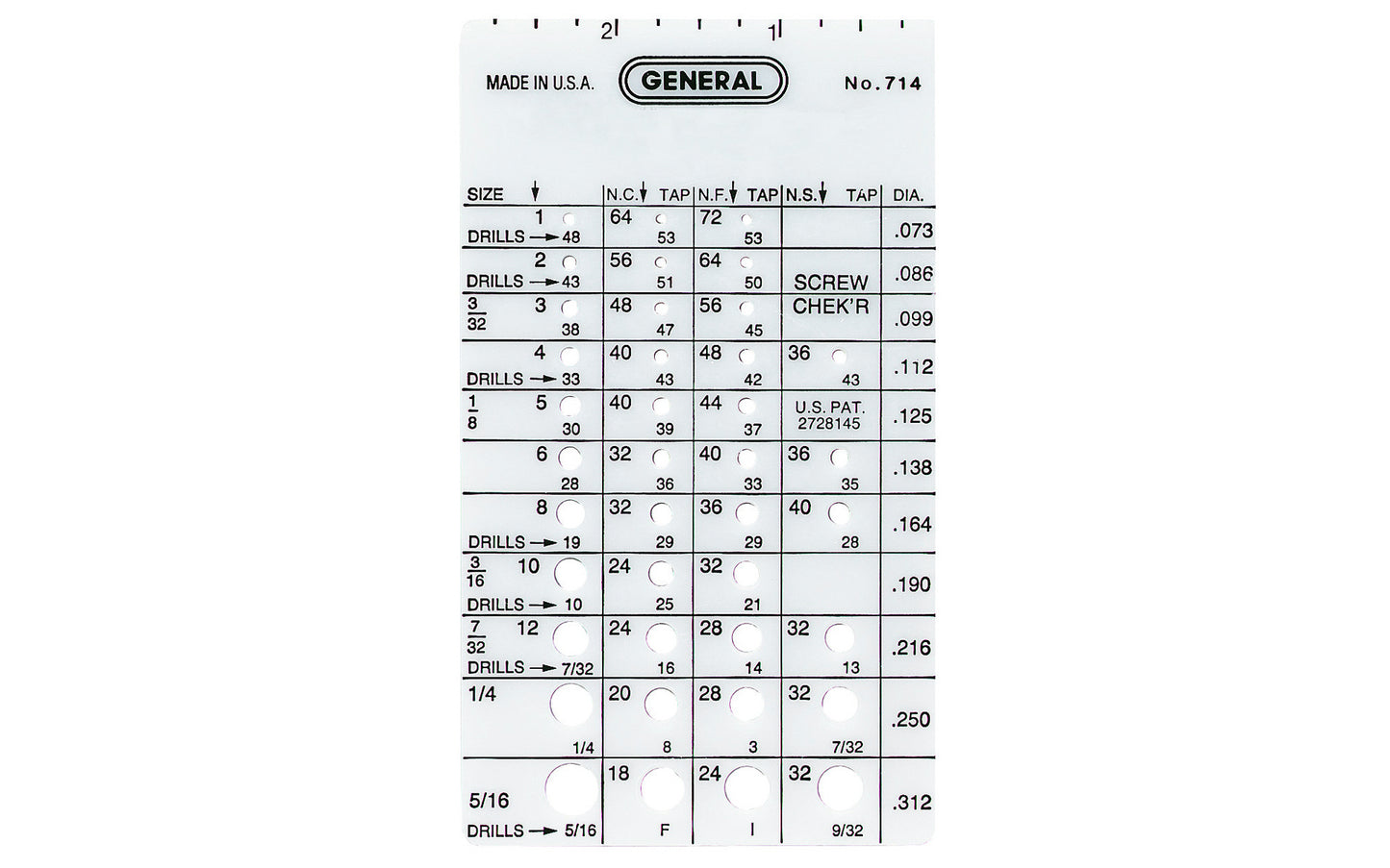 General Tools Screw Gauge ~ Made in USA  ·  Model No. 714 ~ This handy screw thread gage quickly identifies thread pitch, tap size & drill bit size for machine & wood screws, self tapping screws, bolts & common rivets & cotter pins up to 5/16" (8 mm) ~ 3" plastic ruler for measuring screw lengths ~ 038728350183