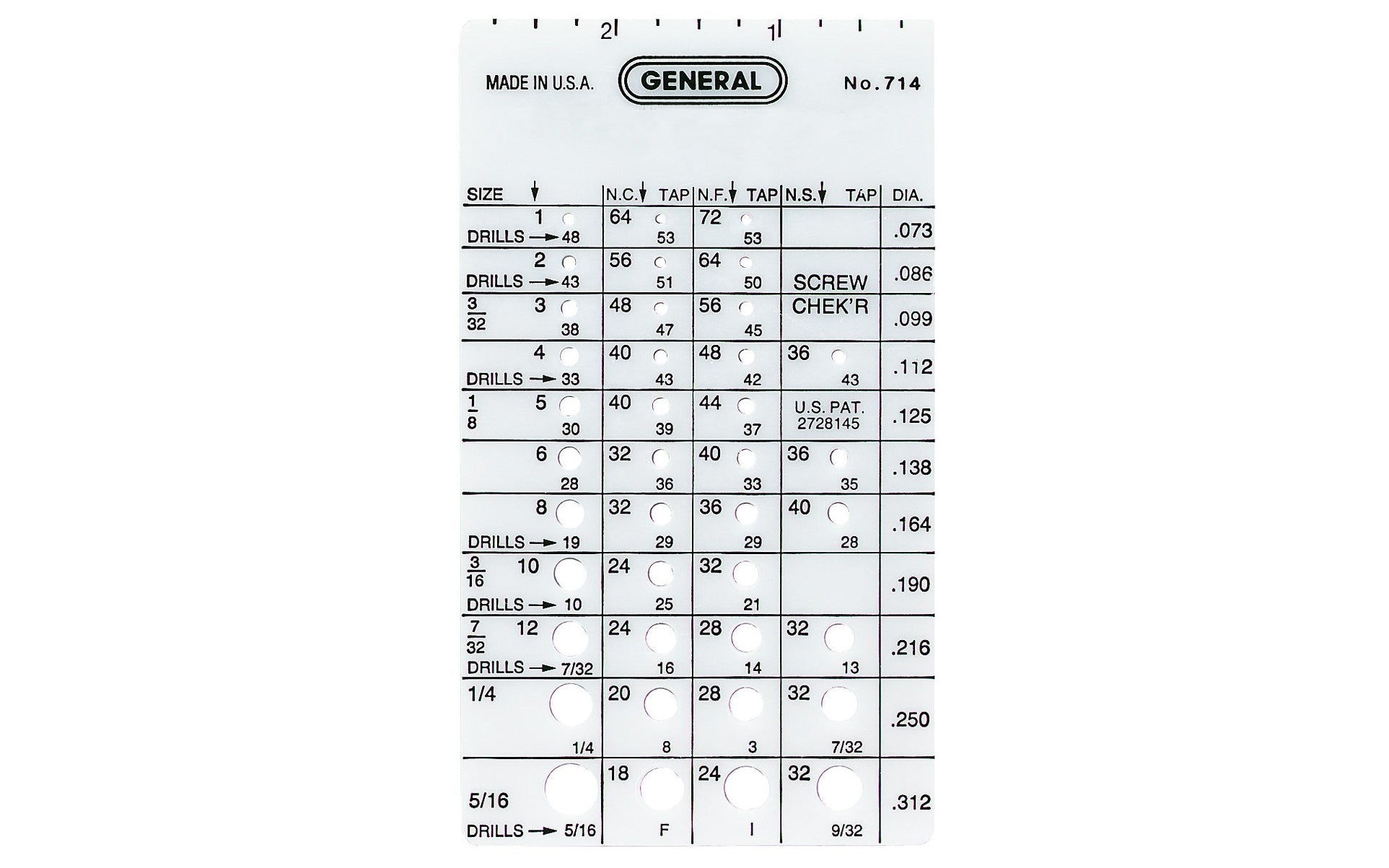 General Tools Screw Gauge ~ Made in USA  ·  Model No. 714 ~ This handy screw thread gage quickly identifies thread pitch, tap size & drill bit size for machine & wood screws, self tapping screws, bolts & common rivets & cotter pins up to 5/16" (8 mm) ~ 3" plastic ruler for measuring screw lengths ~ 038728350183