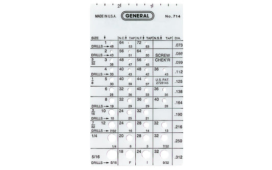 General Tools Screw Gauge ~ Made in USA  ·  Model No. 714 ~ This handy screw thread gage quickly identifies thread pitch, tap size & drill bit size for machine & wood screws, self tapping screws, bolts & common rivets & cotter pins up to 5/16" (8 mm) ~ 3" plastic ruler for measuring screw lengths ~ 038728350183