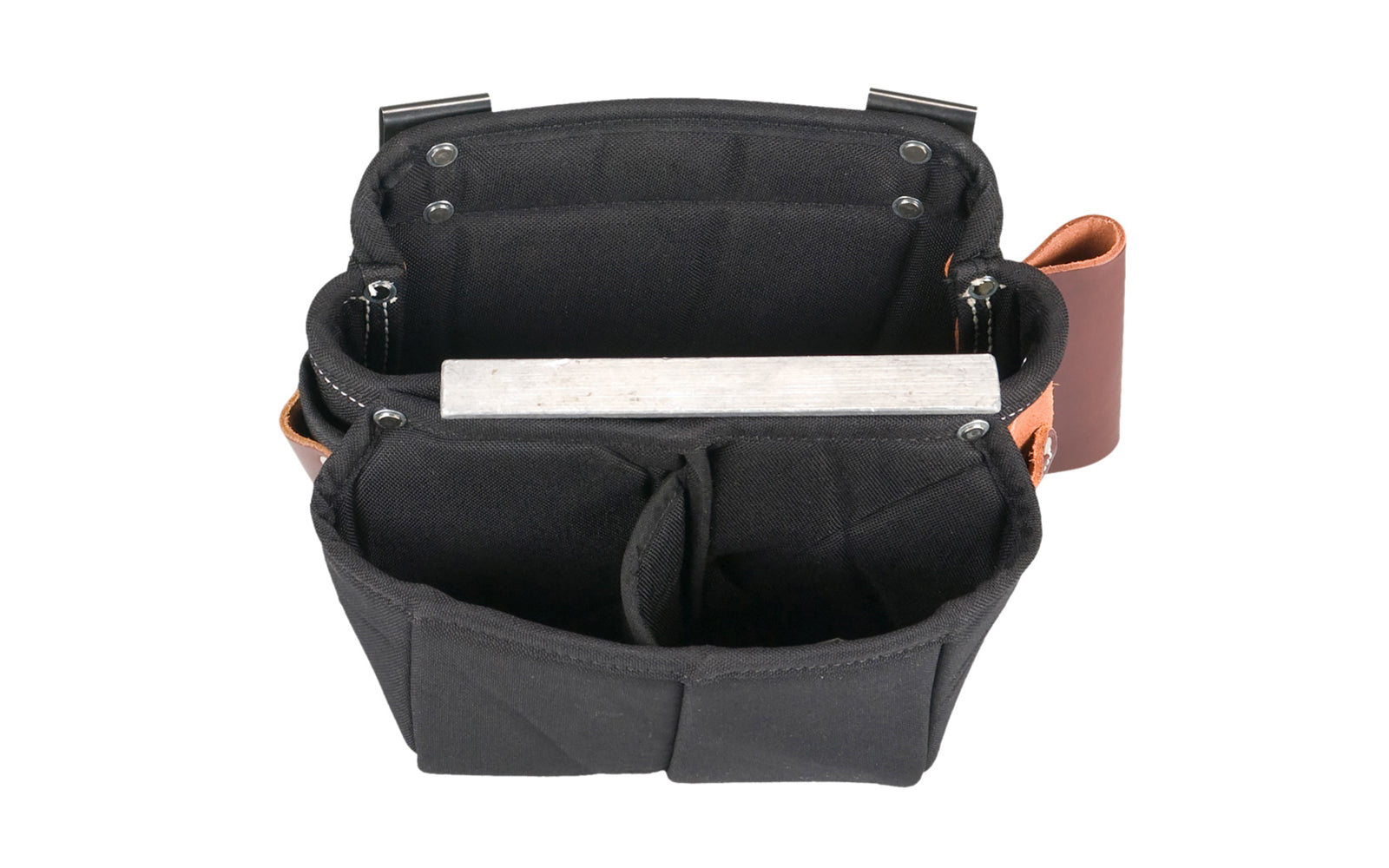 Occidental Leather Builders' Vest Clip On Fastener Bag ~ Model 8564 - Occidental Leather clip-on tool bag features 3-pouch design for tools & fasteners, plus a heavy duty hammer loop. Designed to fit the Builders' Vest No. 2535. Made of industrial nylon material & genuine leather. 759244275407