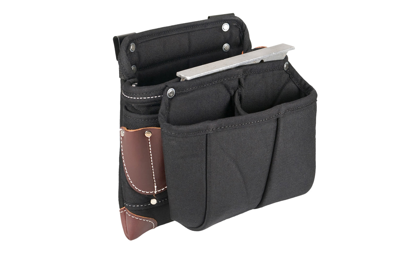 Occidental Leather Builders' Vest Clip On Fastener Bag ~ Model 8564 - Occidental Leather clip-on tool bag features 3-pouch design for tools & fasteners, plus a heavy duty hammer loop. Designed to fit the Builders' Vest No. 2535. Made of industrial nylon material & genuine leather. 759244275407