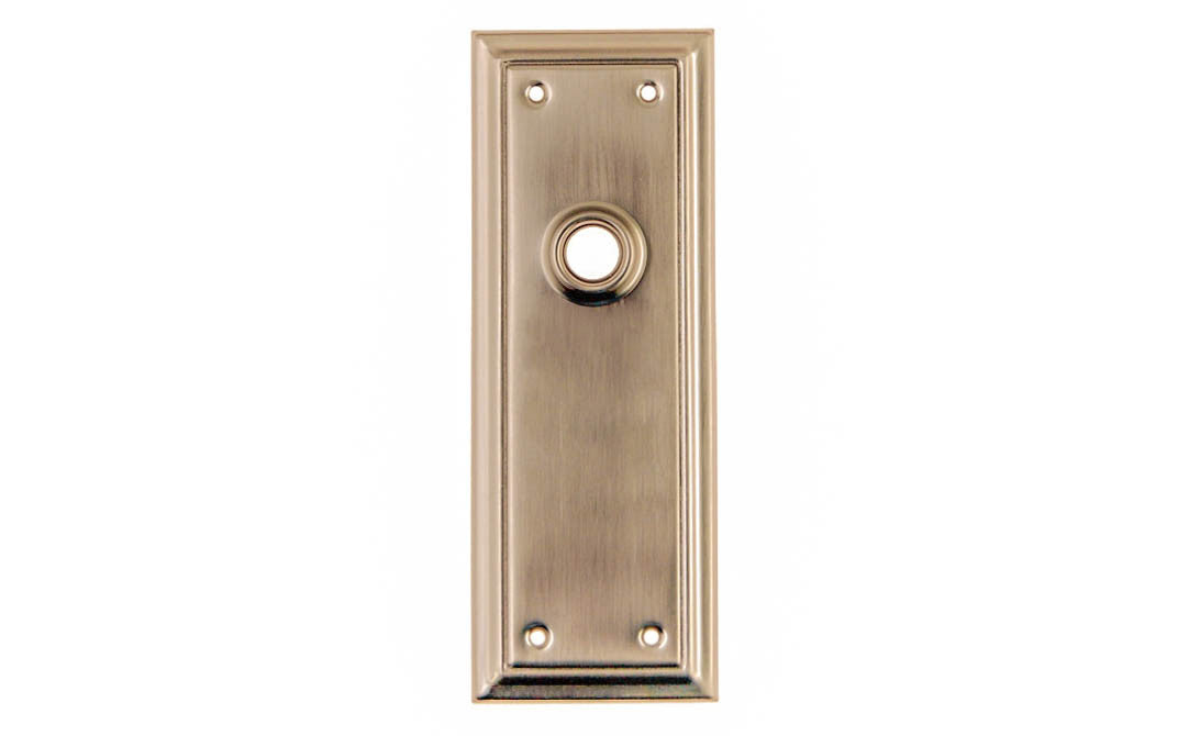 Brass Escutcheon Door Plate ~ Brushed Nickel Finish ~ Vintage-style Hardware · Classic & traditional design ~ Quality stamped brass material ~ 6-7/8" high x 2-1/2" wide ~ For solid or pre-bored (2-1/8") hole doors