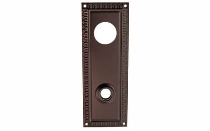 Brass Escutcheon Keyway Cylinder Door Plate ~ Oil Rubbed Bronze Finish ~ Vintage-style Hardware · Decorative beaded design ~ Quality stamped brass material ~ 7" high x 2-1/2" wide ~ For solid or pre-bored (2-1/8") hole doors