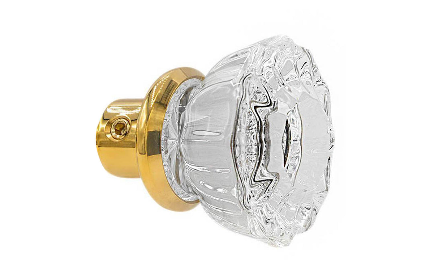 Single Classic Fluted Clear Glass Doorknob. A high quality & genuine glass doorknob with an attractive fluted design. The sparkling center point under glass amplifies reflected light to showcase beautiful facets. Solid brass base. Reproduction Glass Door Knobs. Traditional Fluted Glass Knobs. One knob. Unlacquered brass (will patina naturally), Non-Lacquered Brass.