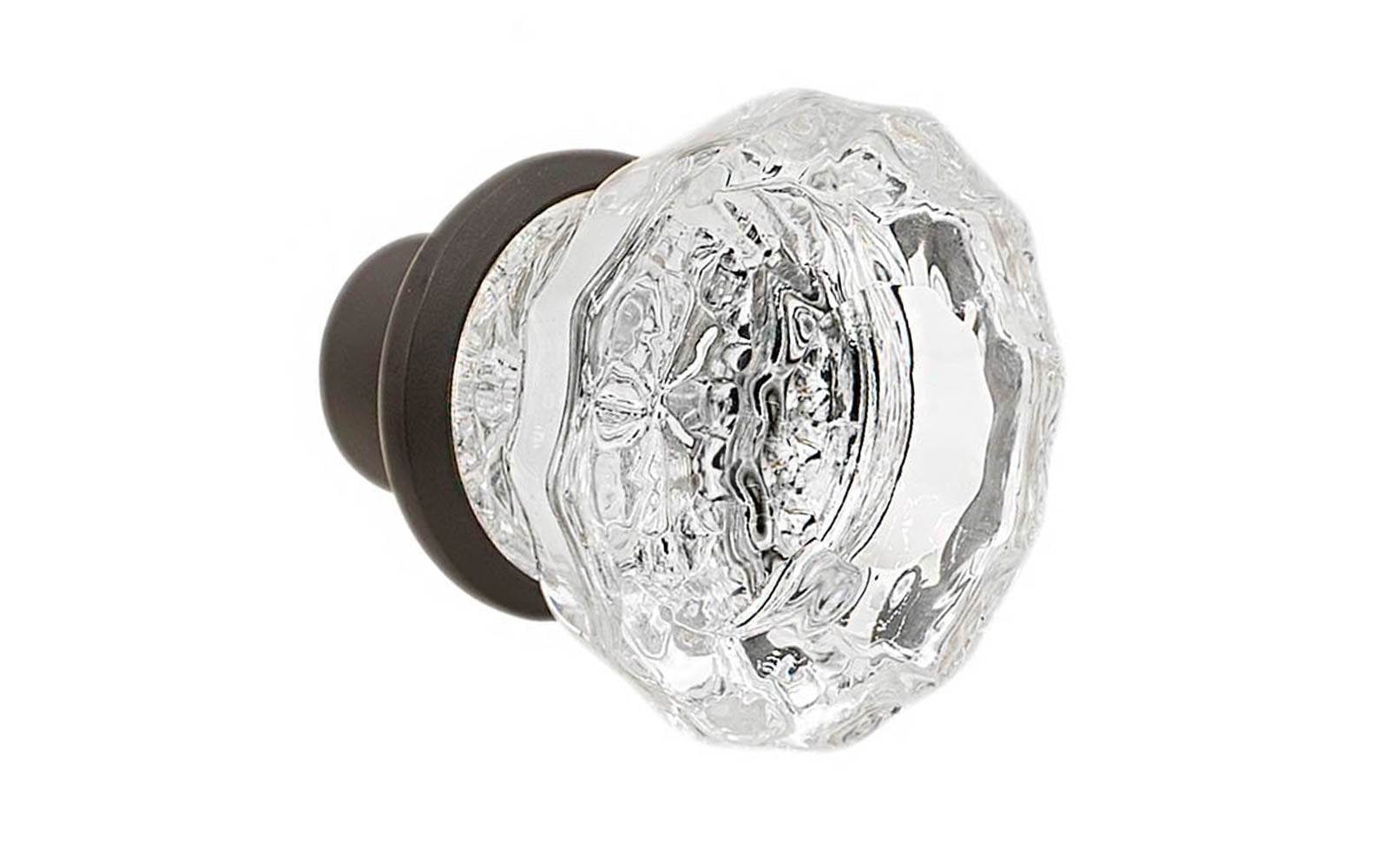Single Classic Fluted Clear Glass Doorknob. A high quality & genuine glass doorknob with an attractive fluted design. The sparkling center point under glass amplifies reflected light to showcase beautiful facets. Solid brass base. Reproduction Glass Door Knobs. Traditional Fluted Glass Knobs. One knob. Oil Rubbed Bronze Finish.