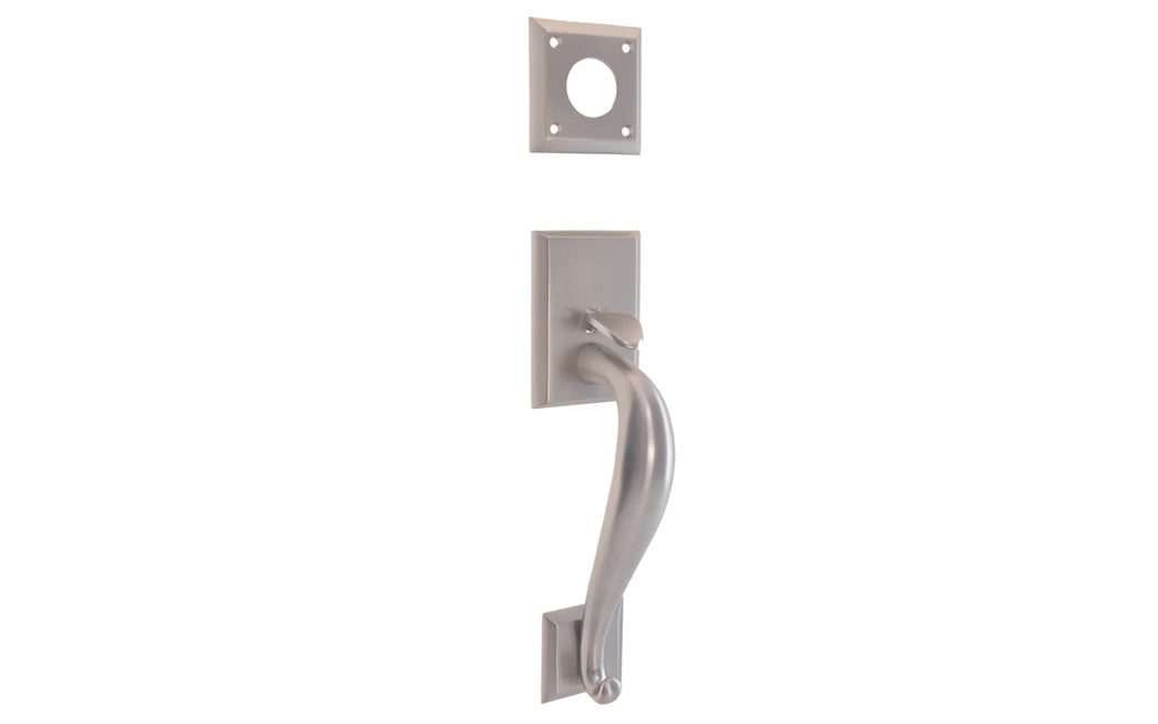 Vintage-style Hardware · A solid brass entrance door handle with thumb piece used on the exterior side of the door to operate an exterior mortise lock. Includes fasteners & a cylinder collar plate. Brushed Nickel Finish