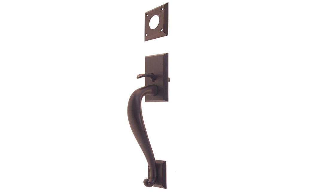 Vintage-style Hardware · A solid brass entrance door handle with thumb piece used on the exterior side of the door to operate an exterior mortise lock. Includes fasteners & a cylinder collar plate. Oil rubbed bronze finish