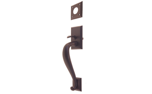 Vintage-style Hardware · A solid brass entrance door handle with thumb piece used on the exterior side of the door to operate an exterior mortise lock. Includes fasteners & a cylinder collar plate. Oil rubbed bronze finish