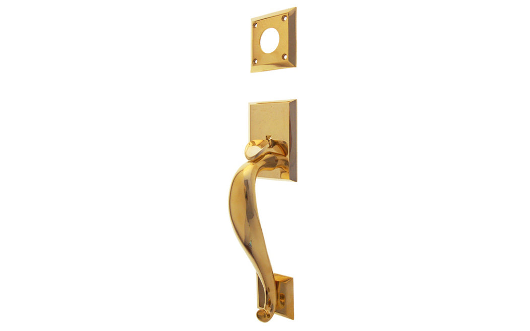 Vintage-style Hardware · A solid brass entrance door handle with thumb piece used on the exterior side of the door to operate an exterior mortise lock. Includes fasteners & a cylinder collar plate. Non-Lacquered brass