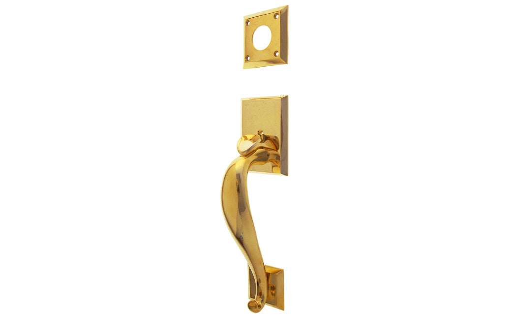 Vintage-style Hardware · A solid brass entrance door handle with thumb piece used on the exterior side of the door to operate an exterior mortise lock. Includes fasteners & a cylinder collar plate. Lacquered Brass Finish. 