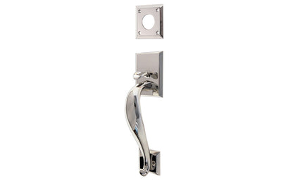 Vintage-style Hardware · A solid brass entrance door handle with thumb piece used on the exterior side of the door to operate an exterior mortise lock. Includes fasteners & a cylinder collar plate. Polished Nickel finish