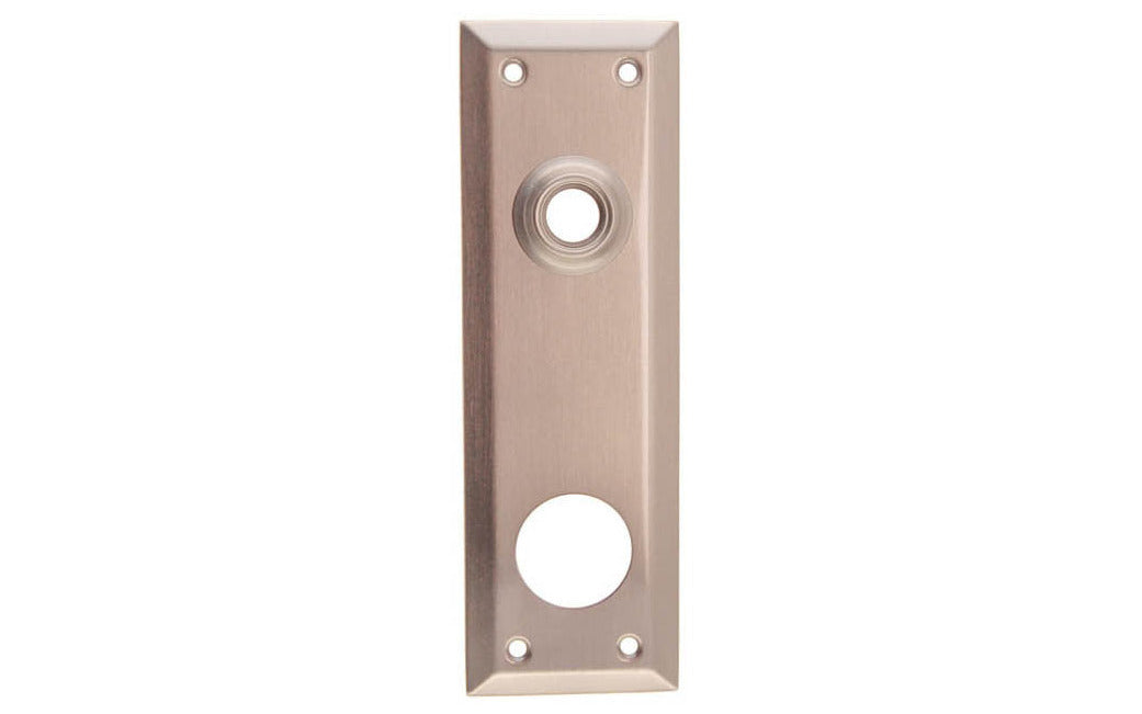 Brass Escutcheon Keyway Cylinder Door Plate ~ Brushed Nickel Finish ~ Vintage-style Hardware · Classic & traditional design ~ Quality stamped brass material ~ 7" high x 2-1/4" wide ~ For solid or pre-bored (2-1/8") hole doors