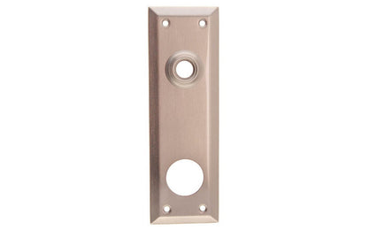 Brass Escutcheon Keyway Cylinder Door Plate ~ Brushed Nickel Finish ~ Vintage-style Hardware · Classic & traditional design ~ Quality stamped brass material ~ 7" high x 2-1/4" wide ~ For solid or pre-bored (2-1/8") hole doors