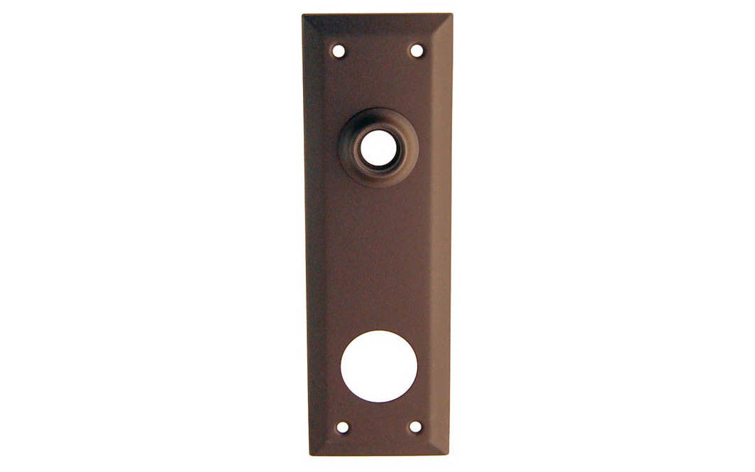 Brass Escutcheon Keyway Cylinder Door Plate ~ Oil Rubbed Bronze Finish ~ Vintage-style Hardware · Classic & traditional design ~ Quality stamped brass material ~ 7" high x 2-1/4" wide ~ For solid or pre-bored (2-1/8") hole doors