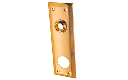 Brass Escutcheon Keyway Cylinder Door Plate ~ Non-Lacquered Brass (will patina over time) ~ Vintage-style Hardware · Classic & traditional design ~ Quality stamped brass material ~ 7" high x 2-1/4" wide ~ For solid or pre-bored (2-1/8") hole doors