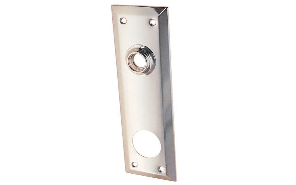 Brass Escutcheon Keyway Cylinder Door Plate ~ Polished Nickel Finish ~ Vintage-style Hardware · Classic & traditional design ~ Quality stamped brass material ~ 7" high x 2-1/4" wide ~ For solid or pre-bored (2-1/8") hole doors