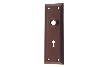 Brass Escutcheon Door Plate with Keyhole ~ Oil Rubbed Bronze Finish ~ A classic & handsome door escutcheon plate with a keyhole. Made of quality stamped brass material, this escutcheon plate is a well-made & durable piece of hardware. The plate may be used on modern doors with 2-1/8" pre-bored holes, or with the old-style mortise lock sets on traditional doors as well. 