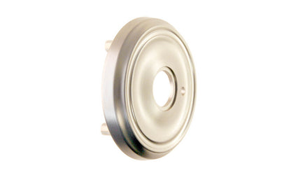 Classic Solid Brass Rosette with Threaded Shanks ~ Privacy (Locking) ~ Brushed Nickel Finish ~ Vintage-style Hardware · Classic & traditional ~ 2-3/4" diameter doorknob rosette ~ Solid brass ~ For modern pre-bored (2-1/8" hole) doors (with piece #8873-A)