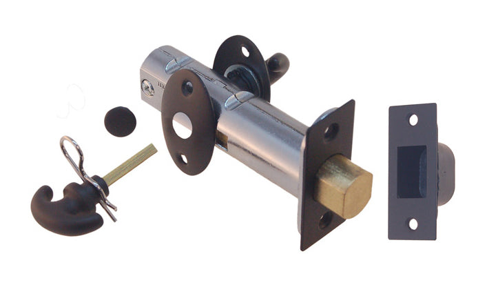 Traditional-style thumbturn deadbolt latch for doors. On the backside it has a special emergency slot for unlocking the door, plus a small rosette plate with an optional plug to cover up the hole - Oil Rubbed Bronze Finish