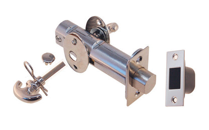 Traditional-style thumbturn deadbolt latch for doors. On the backside it has a special emergency slot for unlocking the door, plus a small rosette plate with an optional plug to cover up the hole - Polished Nickel Finish