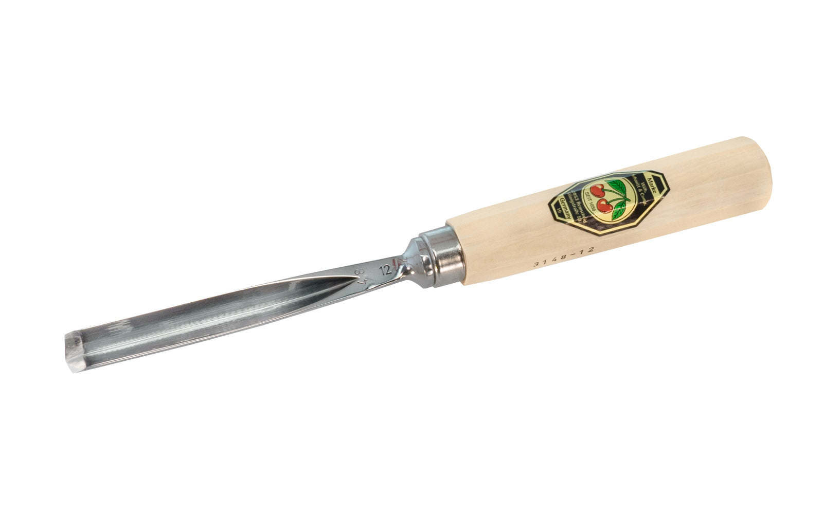 90° Mortise Chisel made by Two Cherries in Germany. A handy, timesaving tool used after drilling or routing a mortise. The mortice chisel has an inside bevel. 90 degree V-chisel used to square the mortise corners. Two Cherries Model 3148-12. Made in Germany. 4016649348126