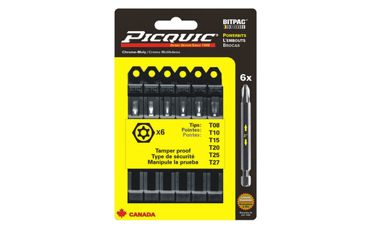 Picquic 6-piece Security Torx Powerbit Set with sizes T-8,  T-10,  T15, T-20,  T-25,  T-27 drive bits. Replacement bits for Picquic screwdrivers & also good for use in drills & impact drivers. 1/4” hex ball power shank. 057369950040