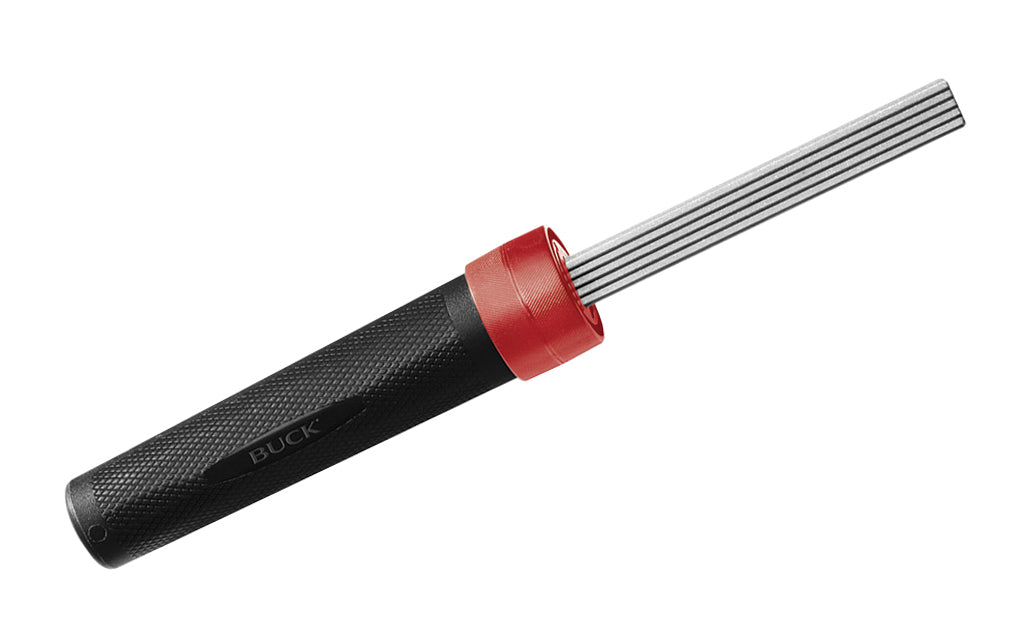 Buck Knives EdgeTek Fishing FlipStik offers an easy carry knife & fish hook sharpener with a 100% diamond coated surface. 325 coarse & 750 medium grits. Lightweight & compact, the handle doubles as an easy twist carrying case. Model 97032. 033753121692. Made in USA.