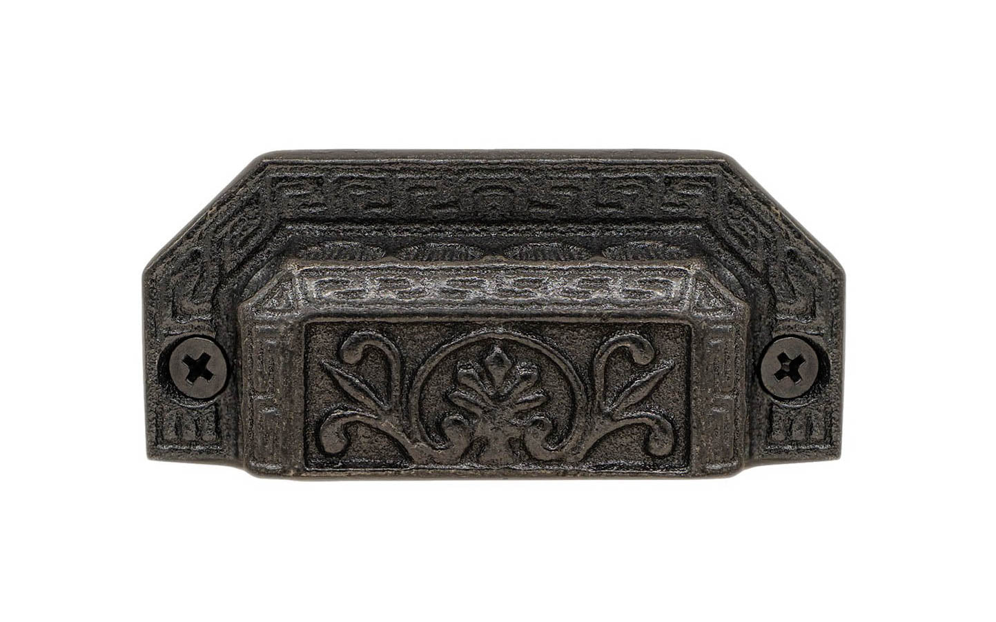 Rustic-looking & ornate cast iron bin pull with a very nice & charming ornate detail. Made of cast iron material, the bin pull is thick with a good grip. This Victorian style bin pull is originally from 19th century time period. Vintage finish with lacquer to resist rust. Cast Iron Ornate-Style Bin Pull ~ 3" on Centers