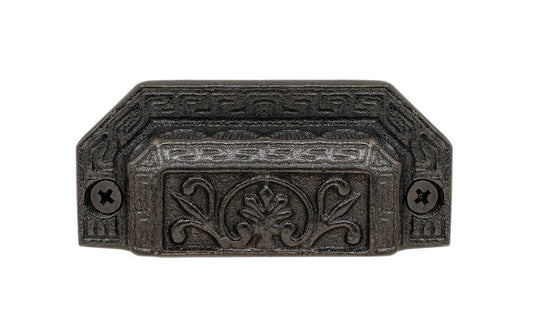 Rustic-looking & ornate cast iron bin pull with a very nice & charming ornate detail. Made of cast iron material, the bin pull is thick with a good grip. This Victorian style bin pull is originally from 19th century time period. Vintage finish with lacquer to resist rust. Cast Iron Ornate-Style Bin Pull ~ 3" on Centers