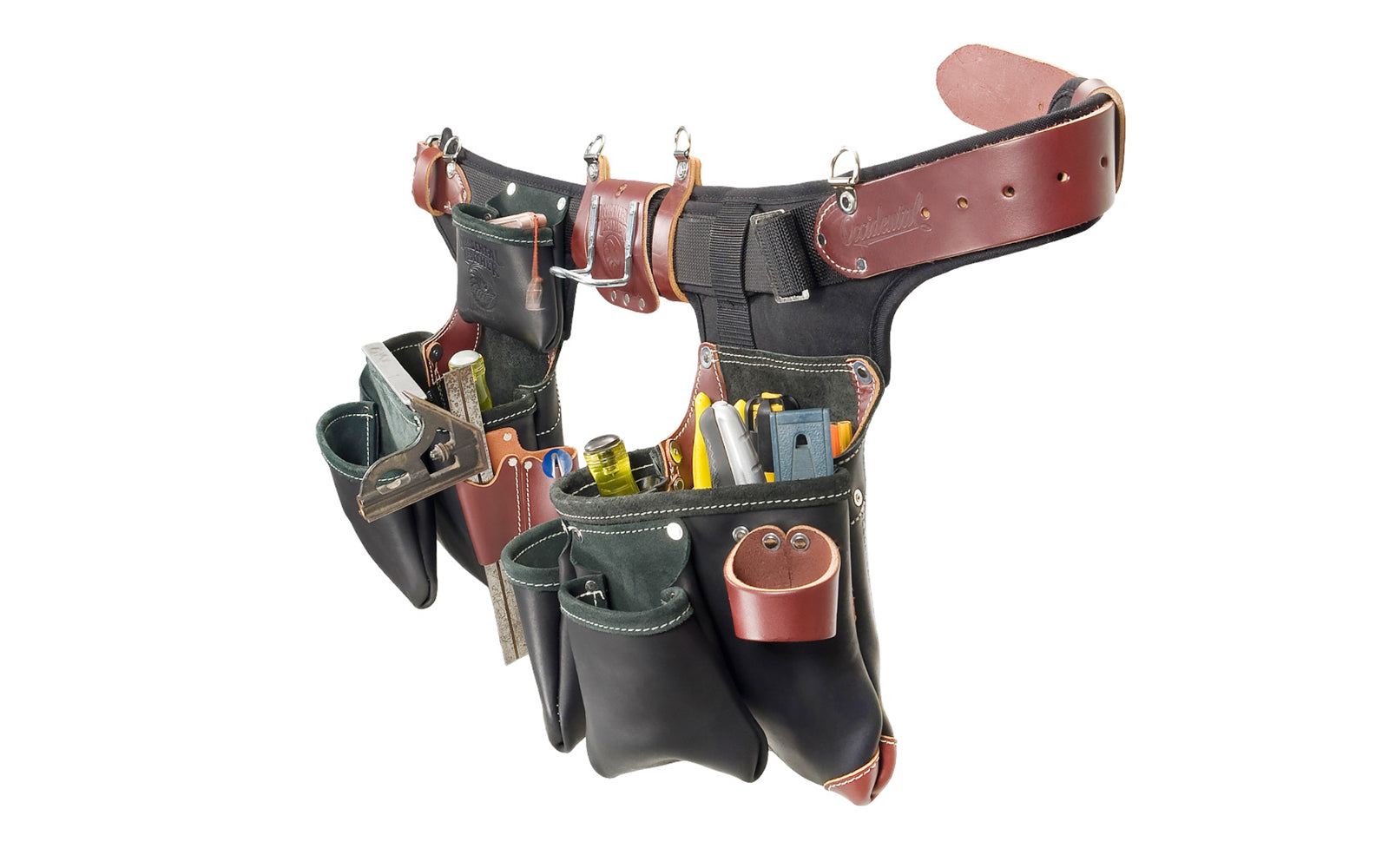 Occidental Leather Heritage "Adjust-To-Fit" Green Building Tool Belt - Package Set ~ B9588 - Premium Top-Grain Leather bags - 22 pockets - Fully Adjustable - Contracts to 32” Pant (35” Belt), Expands to 41” Pant (45” Belt). 759244219401. Industrial Nylon material. Made in USA - Green Building black leather framing bags