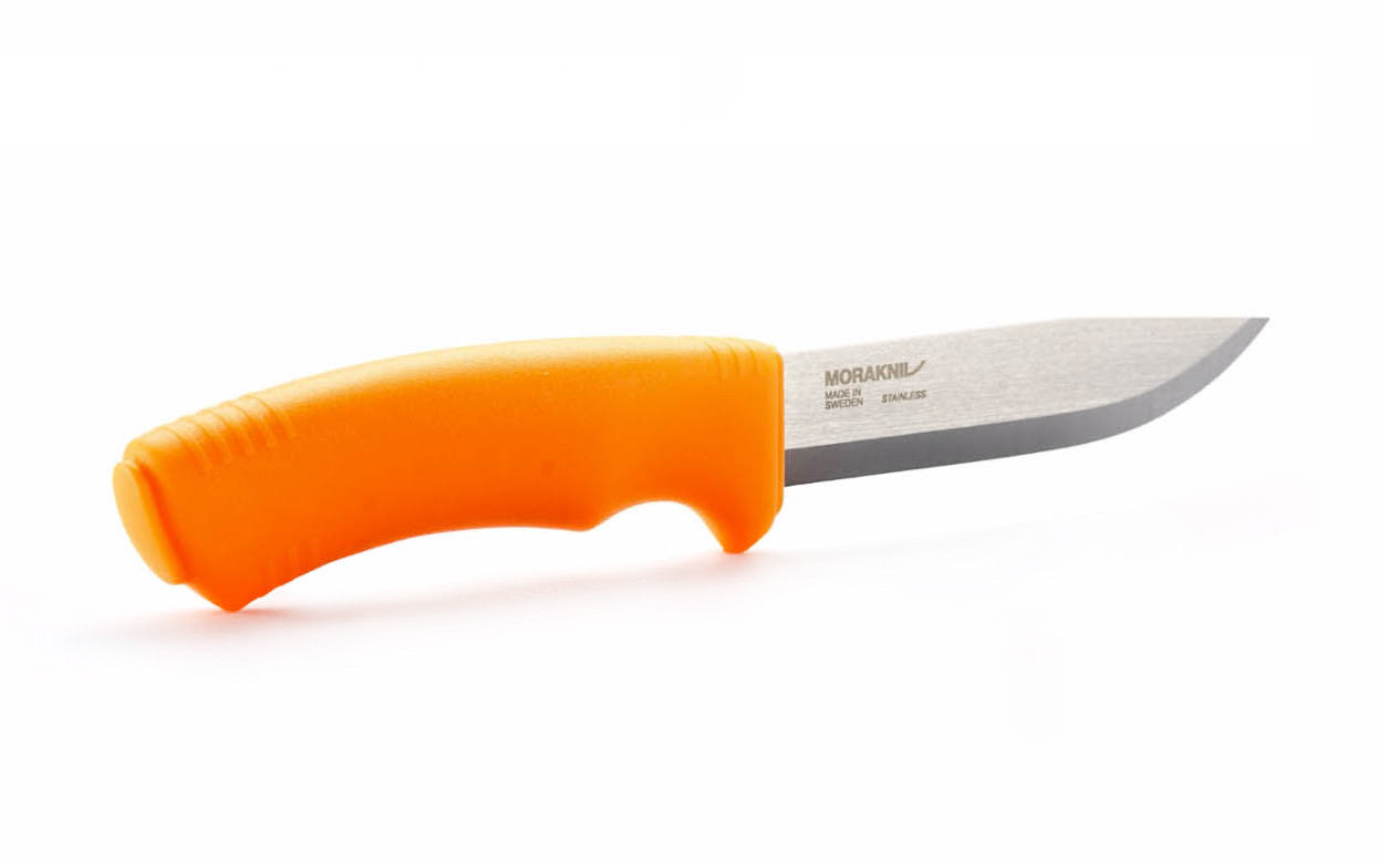 Mora Stainless Steel Bushcraft Knife ~ Visible Orange Handle ~  Made in Östnor, Sweden · Made of high quality stainless steel~ 4-1/8" long sharp fixed blade~ Extra thick 1/8" blade ~ High friction grip handle ~ Hefty & stout ~ Mora 12492 ~ 7391846016212