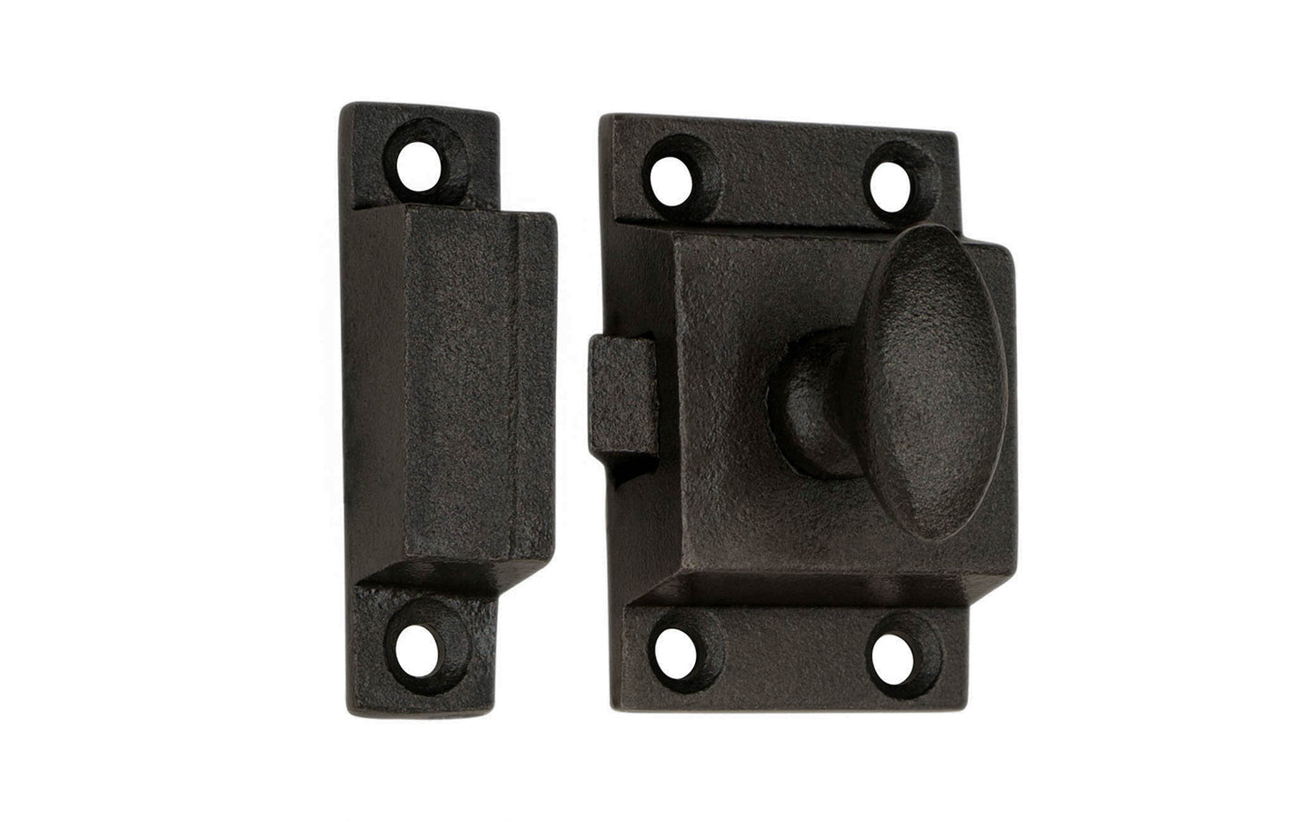 A rustic-looking cast iron cupboard cabinet latch. Vintage cast iron finish. Durable & strong spring loaded mechanism. Includes 6 Phillips head screws. Great for cupboards, cabinets, etc. 1-7/8" high x 1-3/16" wide size latch.